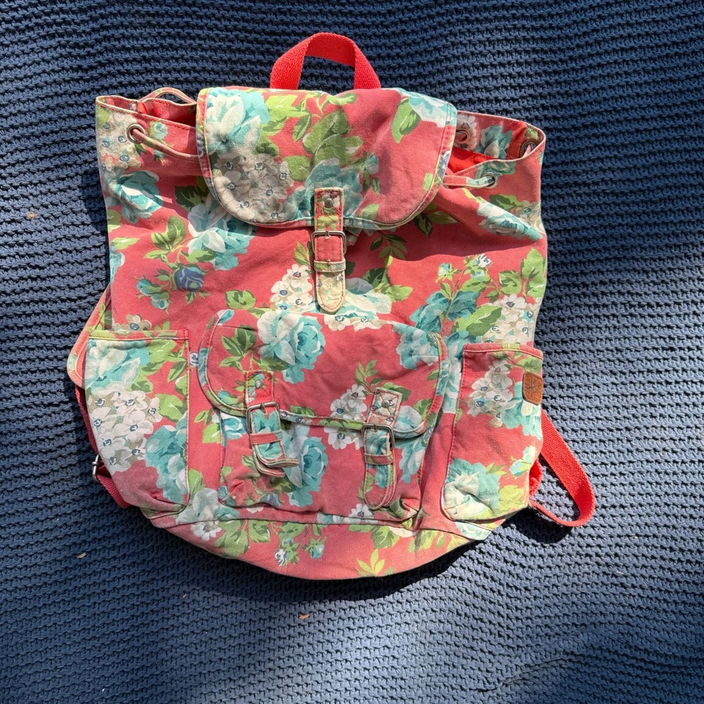 Aeropostale Womens Pink Blue Floral Zipper Pocket Backpack Large Bag Campus
